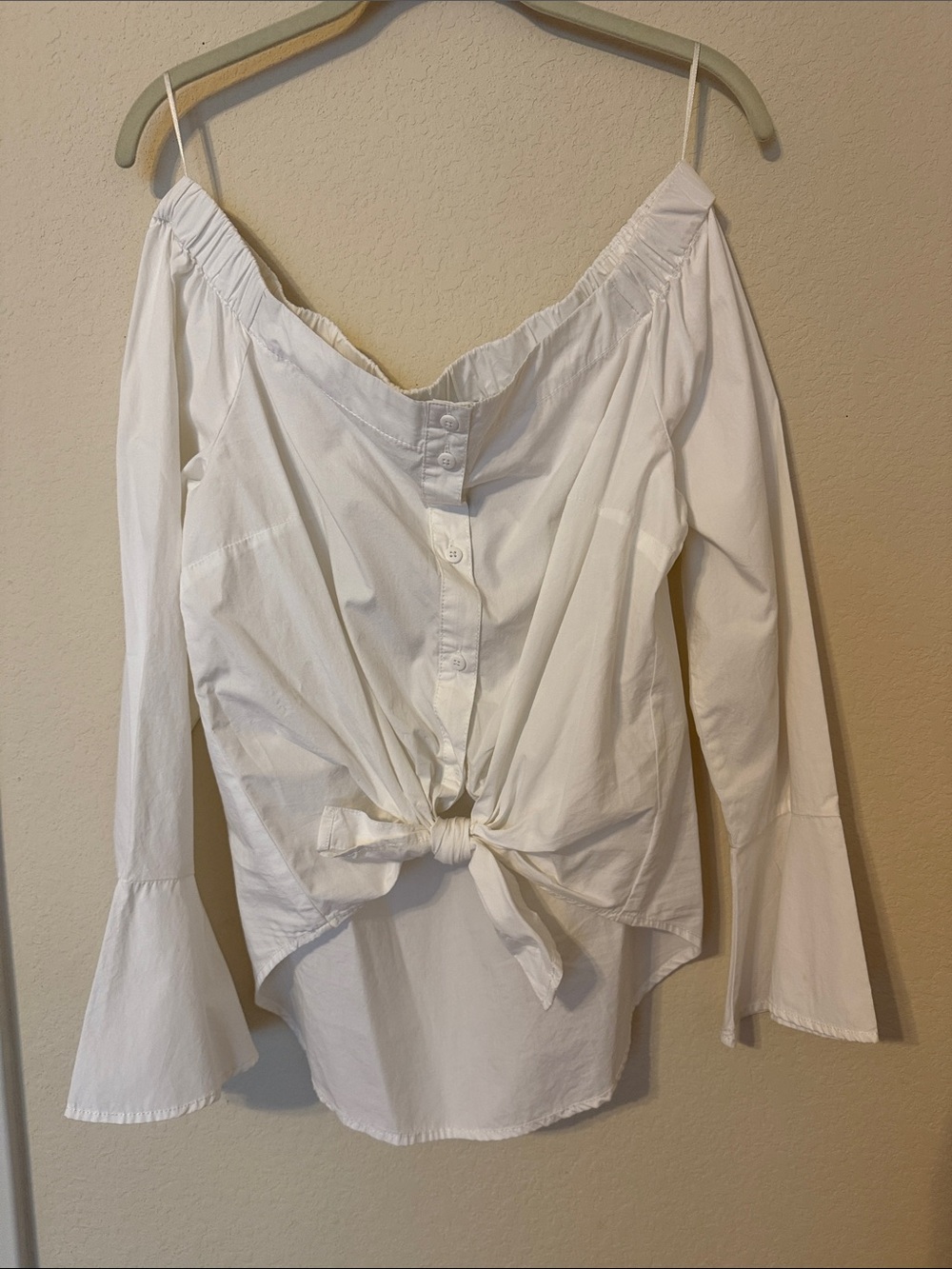 Sanctuary White Off-Shoulder Buttoned Tie-Front Blouse with long Bell sleeves